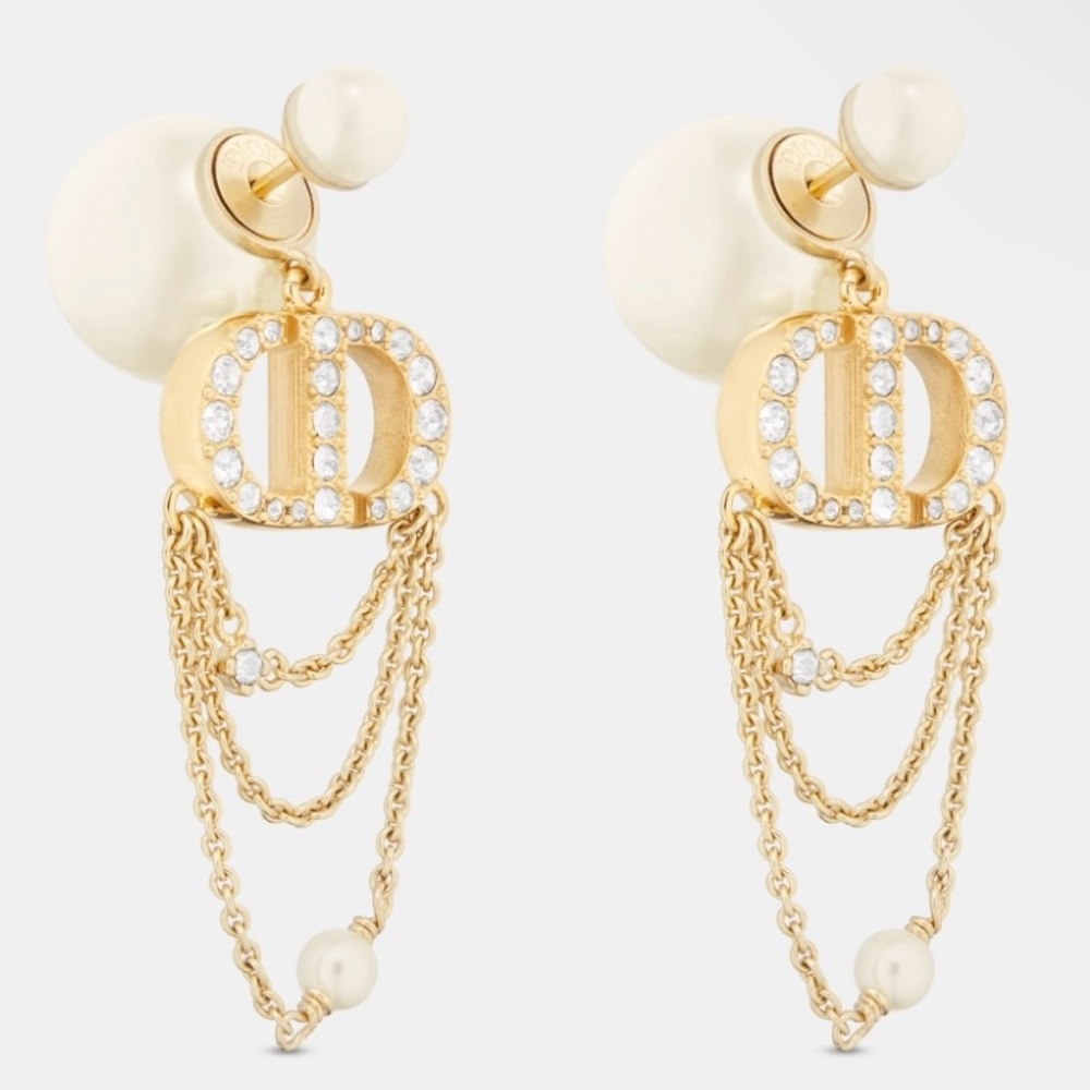 DIOR TRIBALES Earrings Gold-Finish Metal White Resin Pearls Silver-Tone Crystals - Picture 1 of 14
